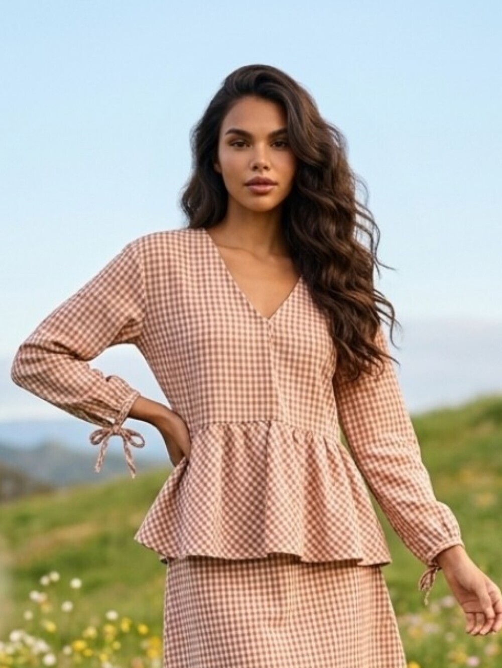 She & Sky Gingham Peplum V-Neck Tunic in Rust and White Gingham Print Size Med
